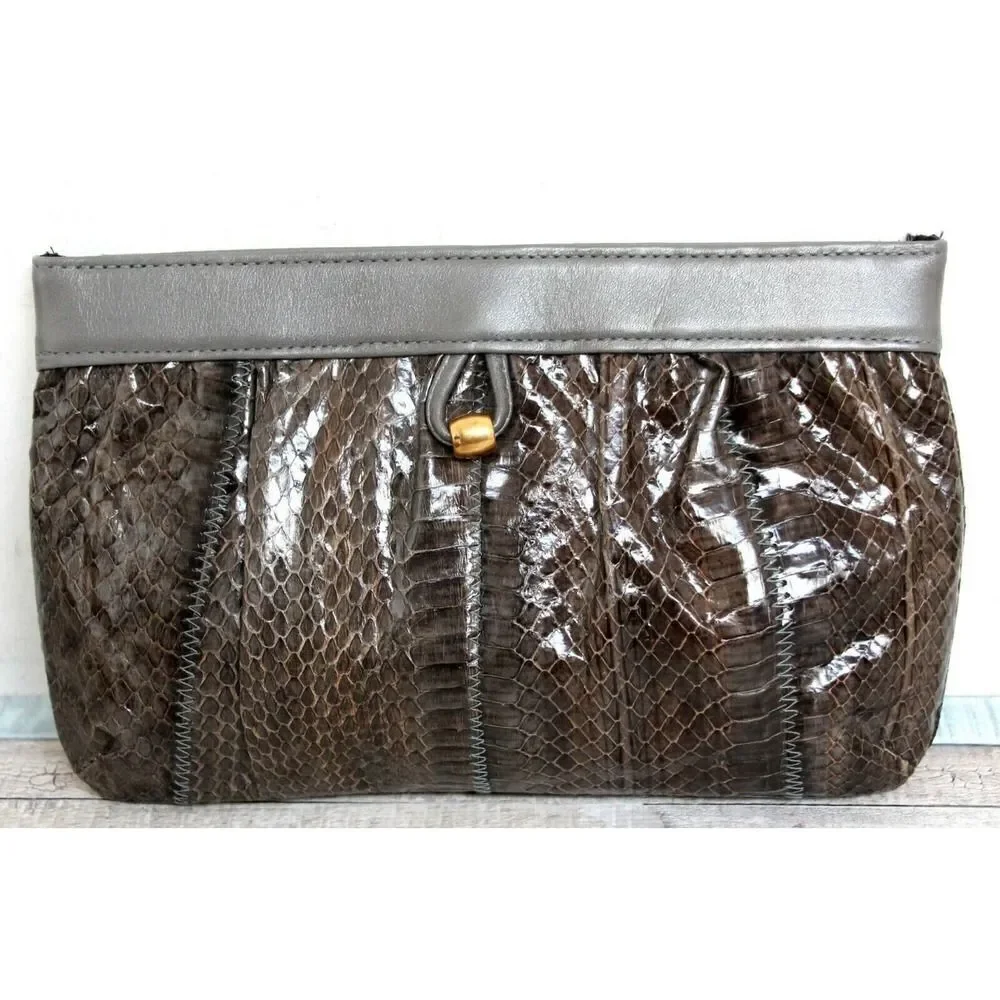 VTG MARGOLIN OLIVE GRAY SNAKE GENUINE LEATHER CHAIN CLUTCH ENVELOPE SHOULDER BAG